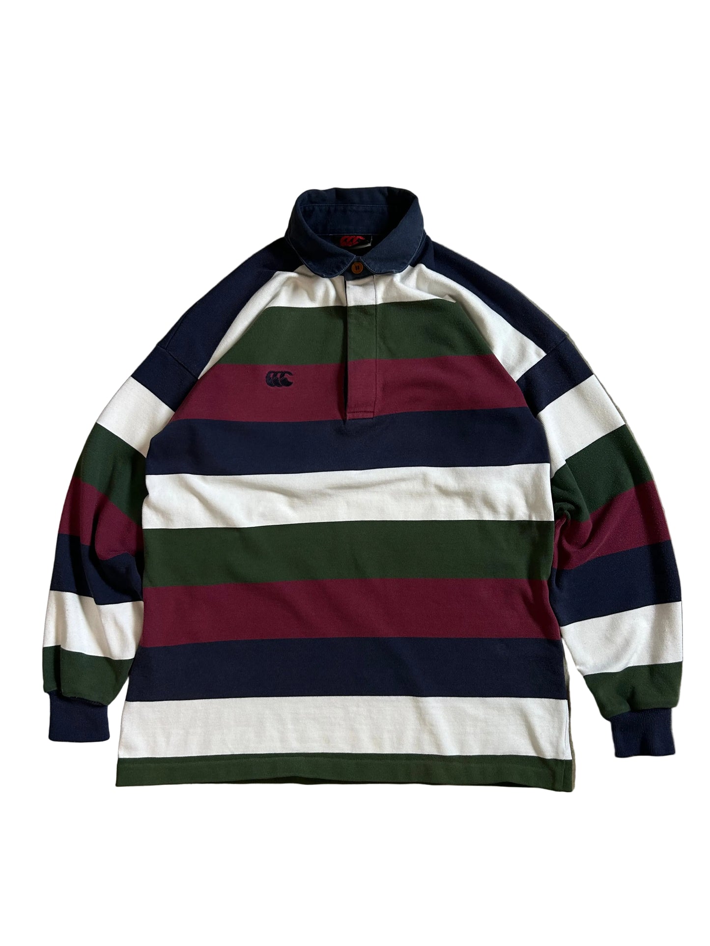 vintage Canterbury of New Zealand striped rugby shirt featuring the brand's iconic 'three kiwis' logo Navy Large