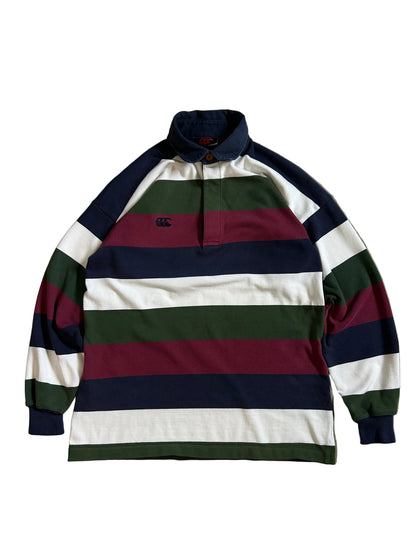 vintage Canterbury of New Zealand striped rugby shirt featuring the brand's iconic 'three kiwis' logo Navy Large