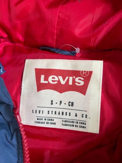 Pertex blue puffer jacket with a red inner lining and red zippers, produced by Levi's Small