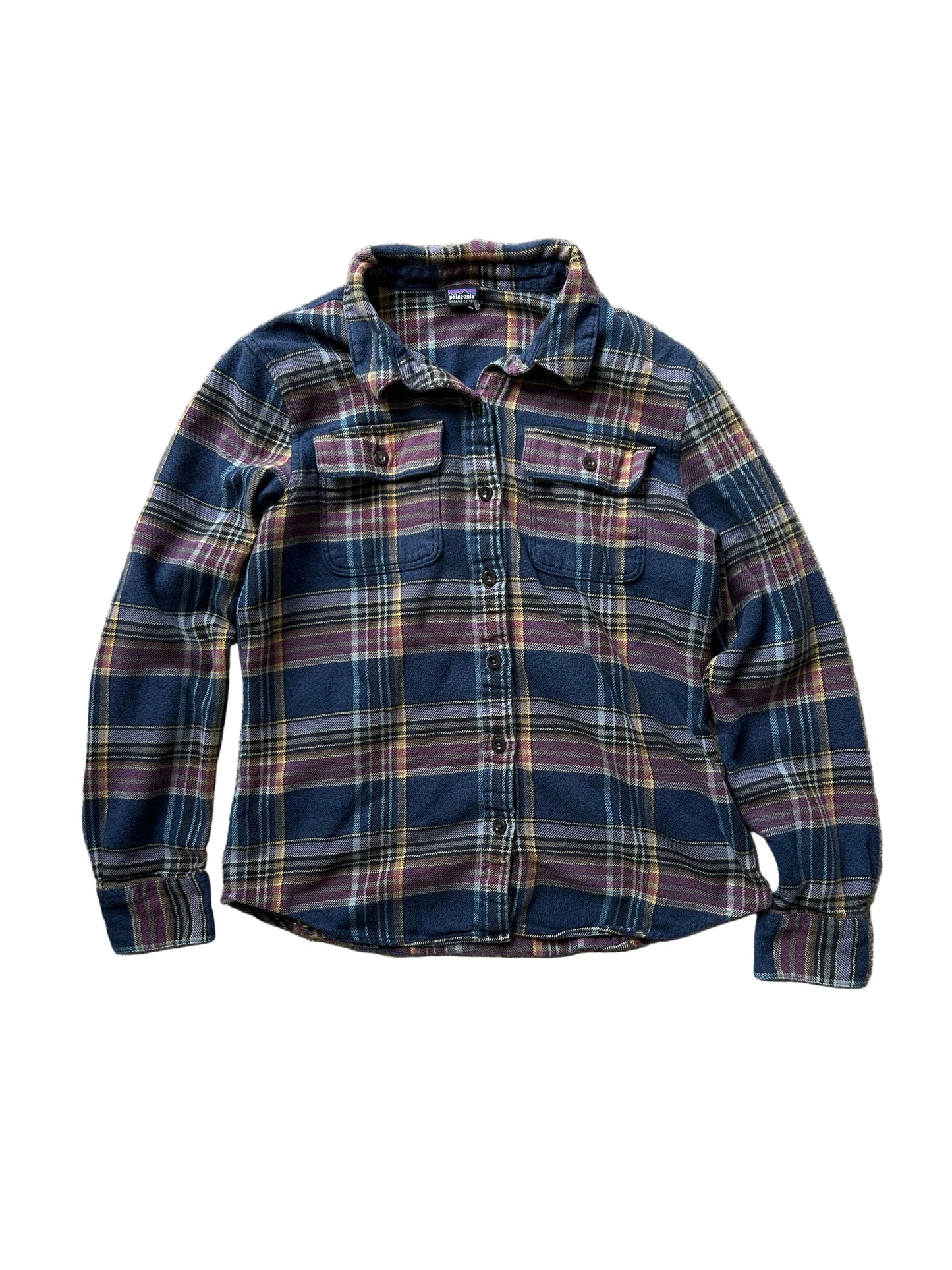 Patagonia Women's Long-Sleeved Fjord Flannel Shirt in a blue and purple plaid pattern, made from 100% organic cotton