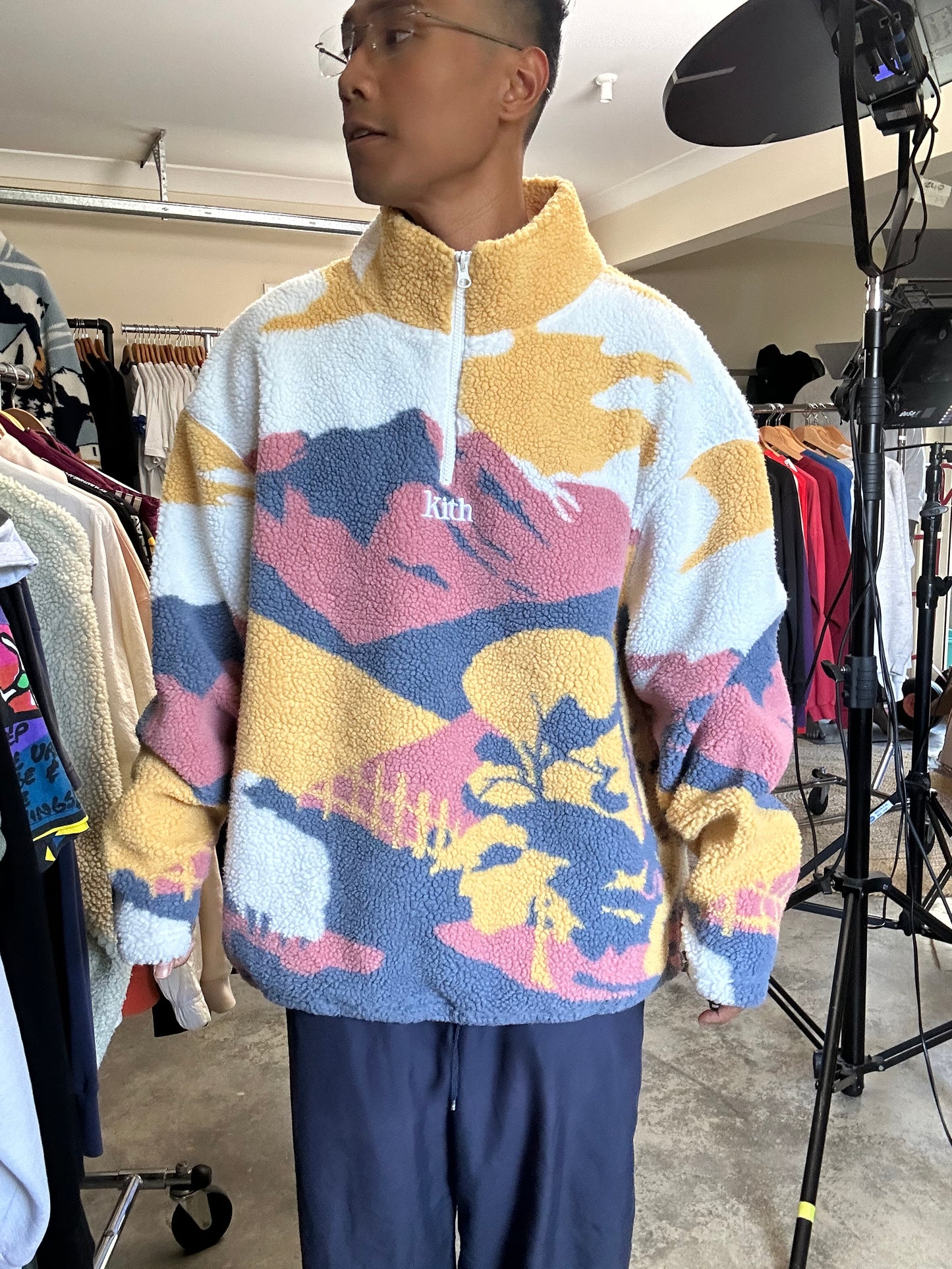 Kith Hillside Claremont Sherpa Quarter Zip in the French Clay colorway XXL White