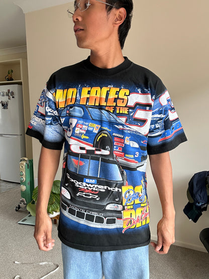 vintage Chase NASCAR "Two Faces of 3" all-over print t-shirt featuring Dale Earnhardt Sr. and Dale Earnhardt Jr Large