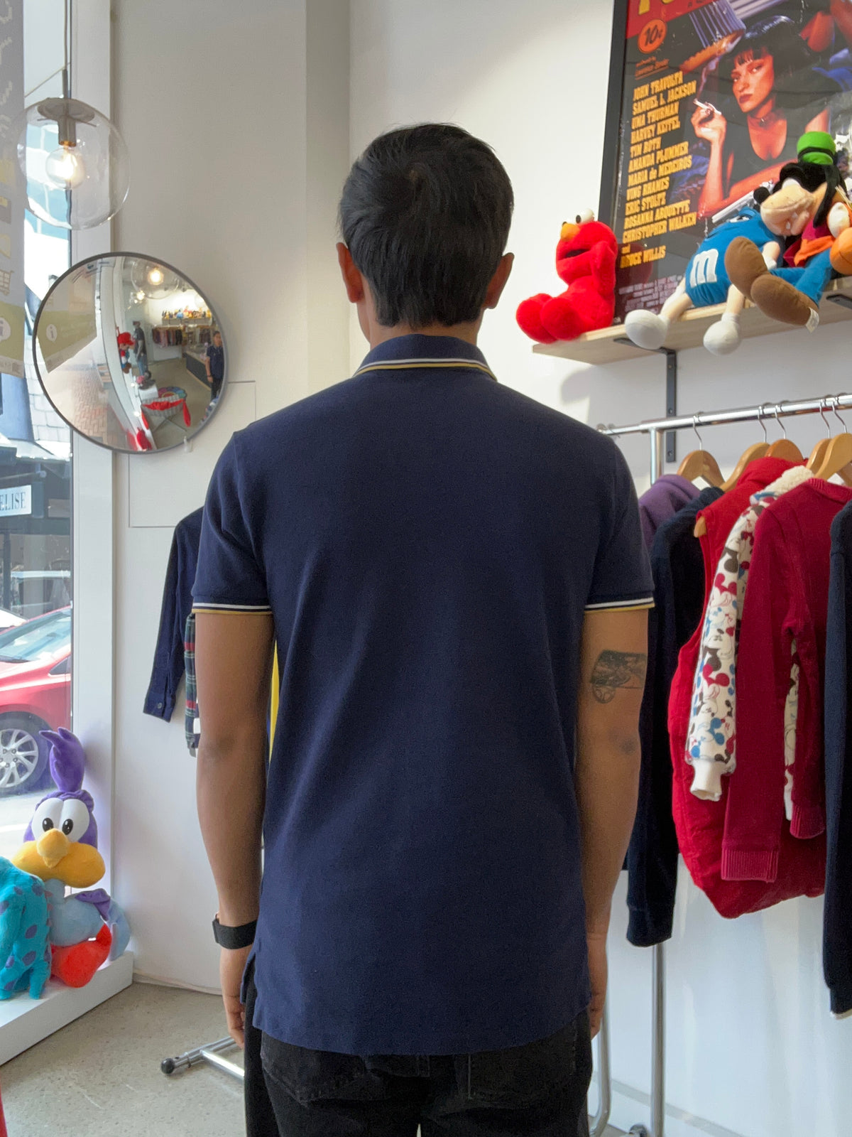 navy blue Polo Ralph Lauren custom slim-fit piqué polo shirt detailed with yellow and white tipped collar and sleeve trim, plus a yellow embroidered pony logo Small