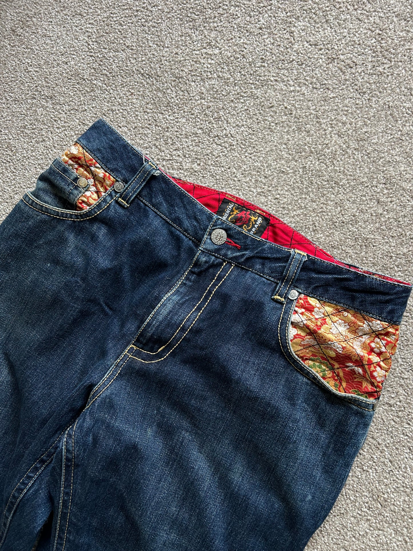 2010s Nishiki Japanese Kimono Thunder Patch Denim Jeans size 34