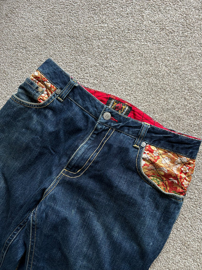 2010s Nishiki Japanese Kimono Thunder Patch Denim Jeans size 34