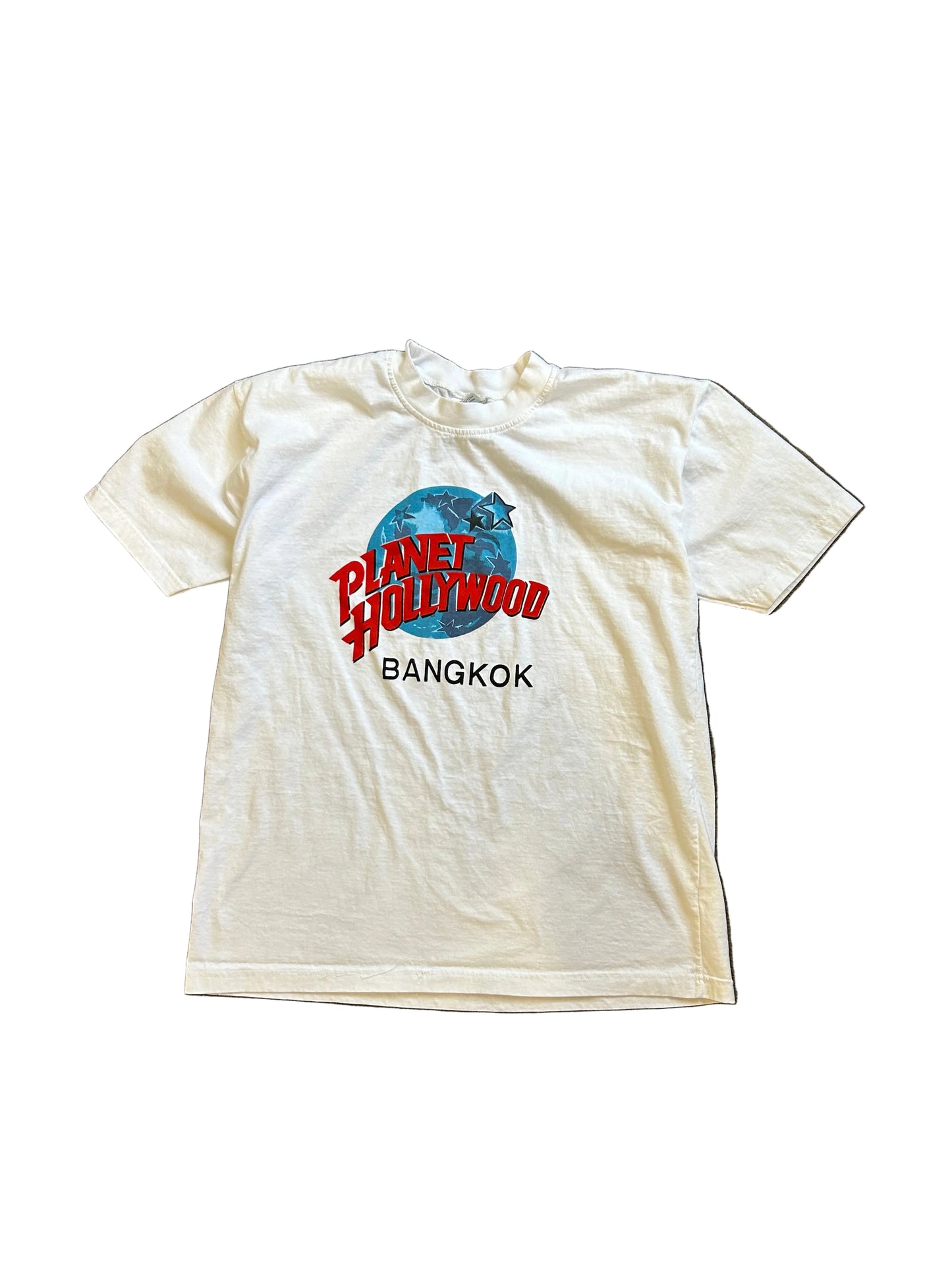 vintage white Planet Hollywood Bangkok t-shirt features the iconic globe logo in blue and red Large White