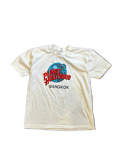 vintage white Planet Hollywood Bangkok t-shirt features the iconic globe logo in blue and red Large White