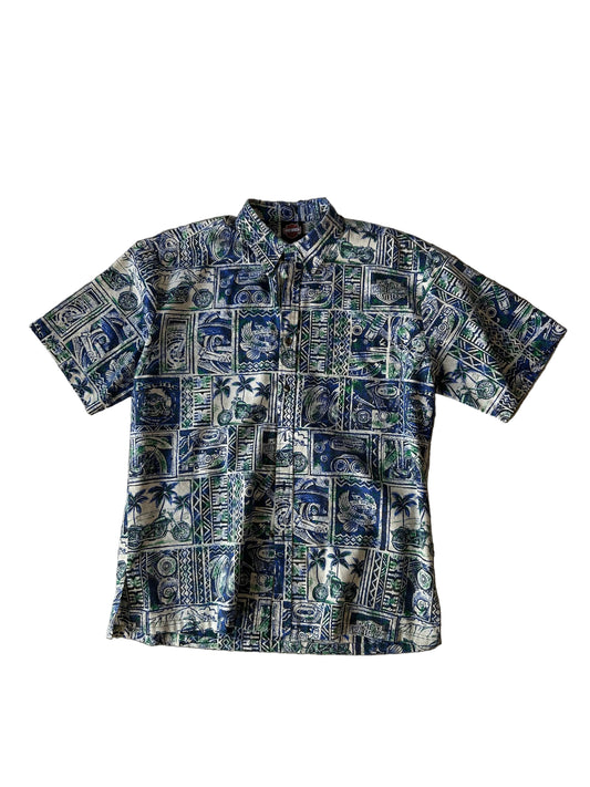 vintage blue Harley-Davidson graphic Hawaiian or camp-style button-down shirt XL