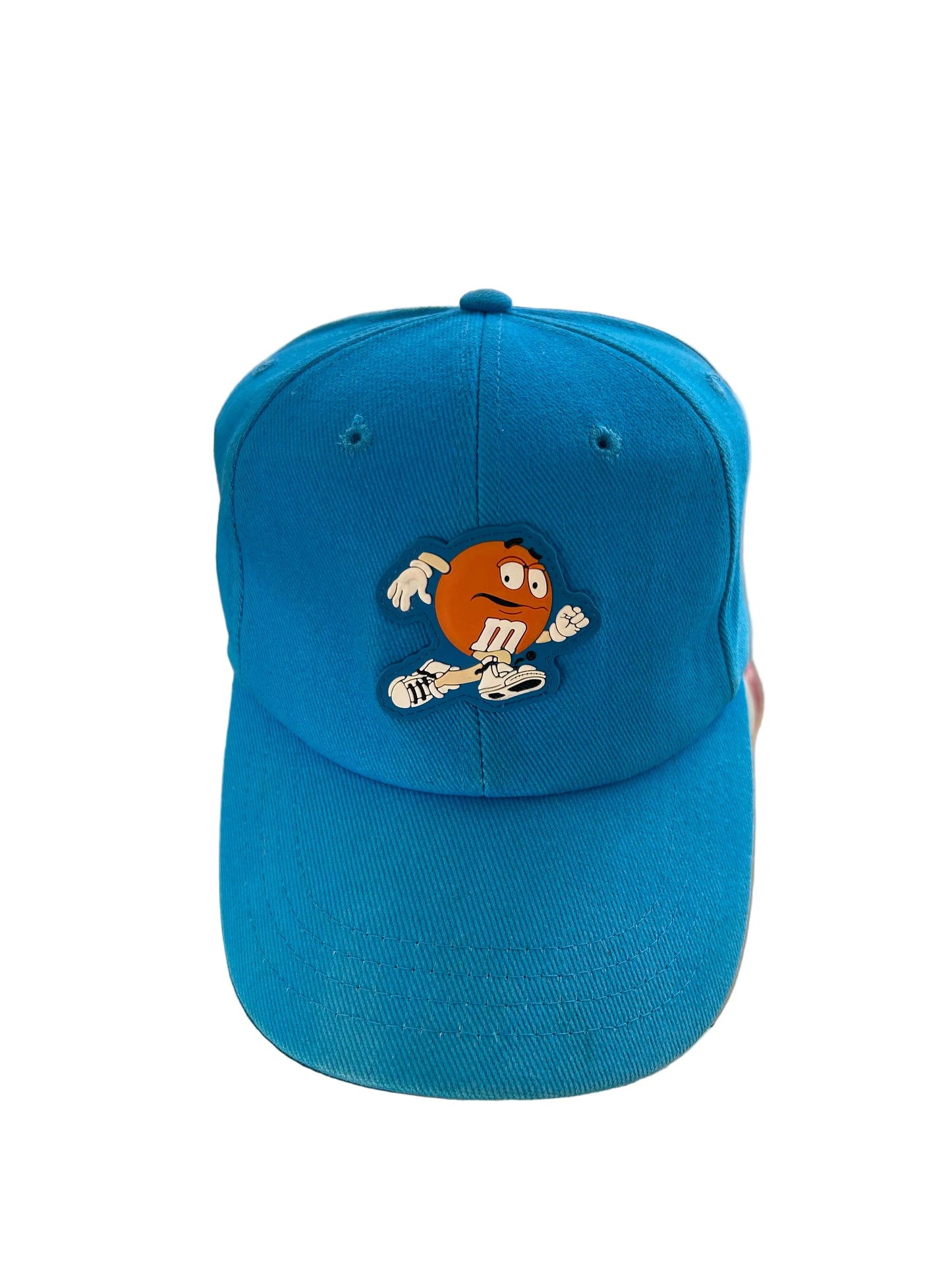 vintage 1999 M&M's Crispy "Orange" character advertising baseball cap in a vibrant turquoise blue.