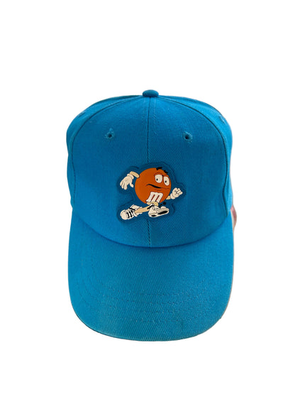 vintage 1999 M&M's Crispy "Orange" character advertising baseball cap in a vibrant turquoise blue.
