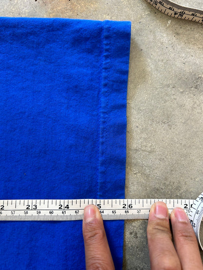 royal blue Kanye West "Jesus Is King" vinyl merchandise t-shirt featuring yellow puff print text Medium