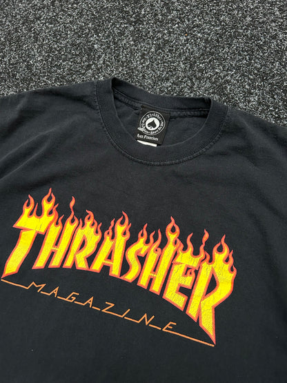 Thrasher Flame Tee Black Large Faded