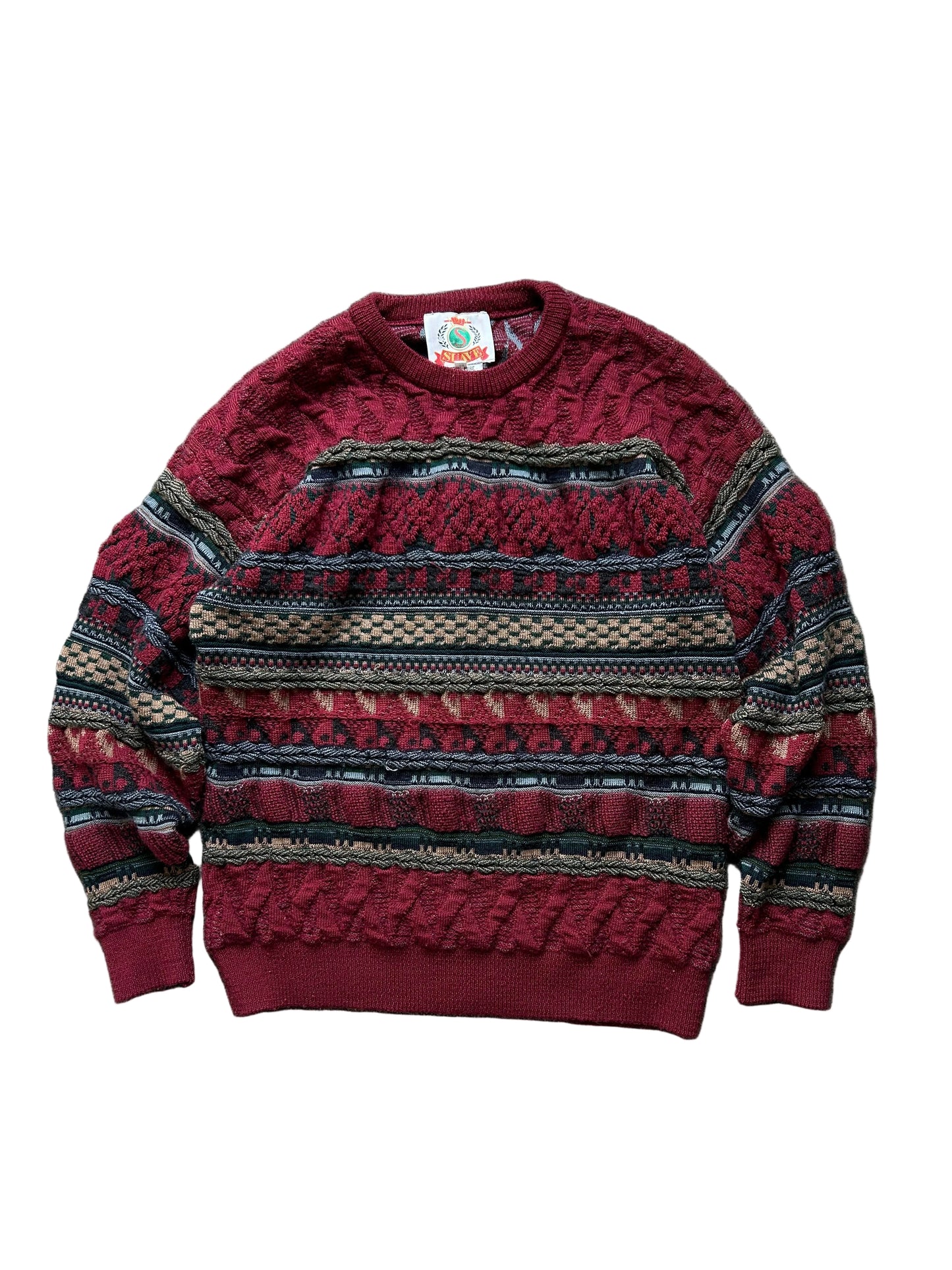 vintage Suave 3D knit sweater features a detailed geometric pattern in shades of red, black, and beige Medium