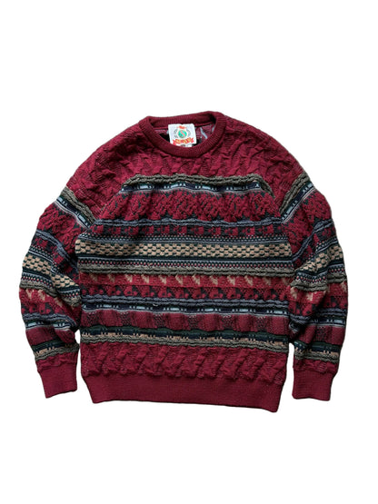vintage Suave 3D knit sweater features a detailed geometric pattern in shades of red, black, and beige Medium