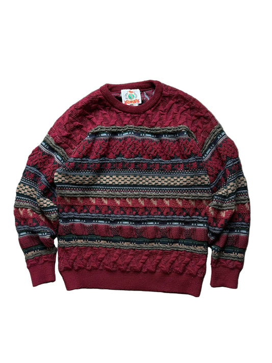 vintage Suave 3D knit sweater features a detailed geometric pattern in shades of red, black, and beige Medium
