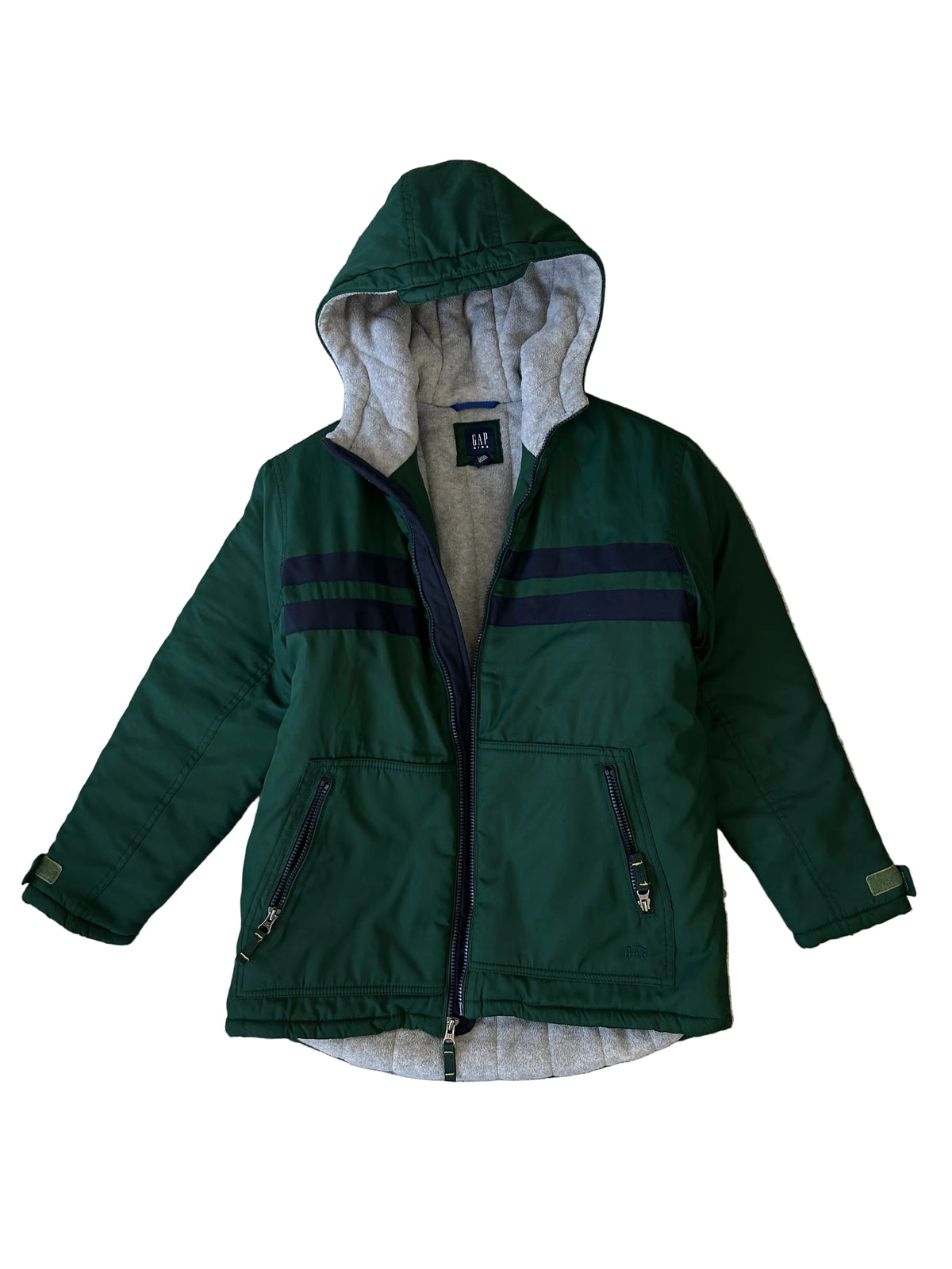 Gap kids' full-zip hooded jacket with dark horizontal chest stripes and a grey fleece lining. Small Mens