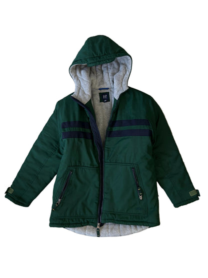 Gap kids' full-zip hooded jacket with dark horizontal chest stripes and a grey fleece lining. Small Mens