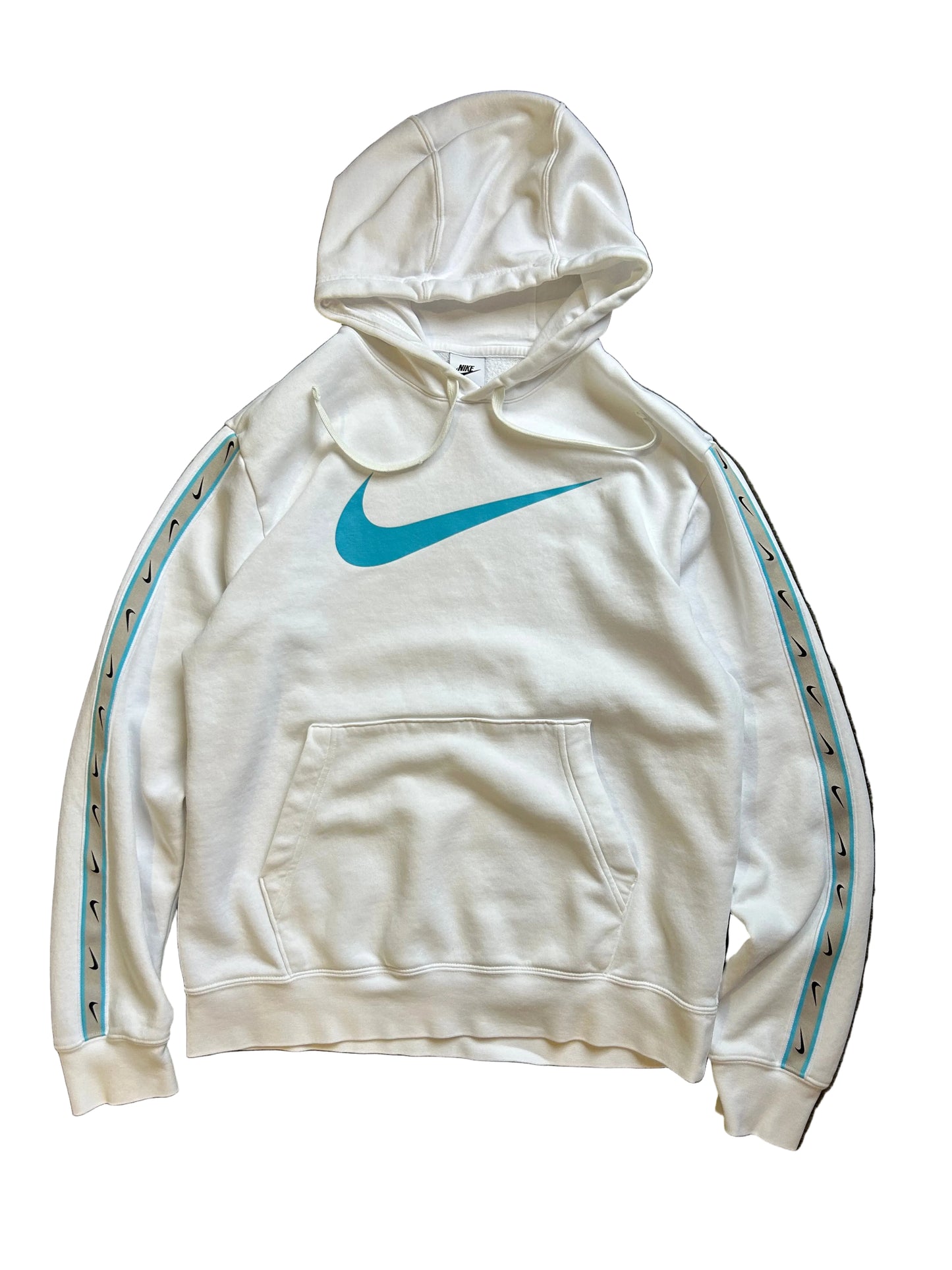 Nike Sportswear Repeat Fleece hoodie in summit white features distinctive Baltic blue branding on the chest and along the sleeves Medium