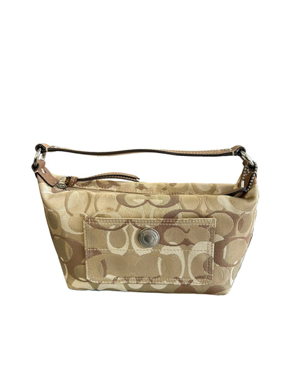 vintage Coach signature jacquard mini shoulder bag featuring the iconic brown "C" monogram pattern and a handy front pocket with a snap closure.