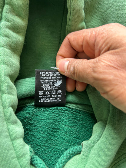 Obey Stack unisex heavyweight fleece hoodie in green Y2K Skate Brand XL Faded with multiple pinholes