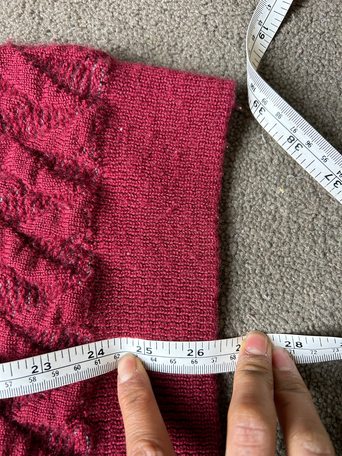 vintage Suave 3D knit sweater features a detailed geometric pattern in shades of red, black, and beige Medium
