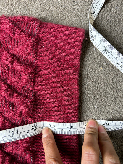 vintage Suave 3D knit sweater features a detailed geometric pattern in shades of red, black, and beige Medium